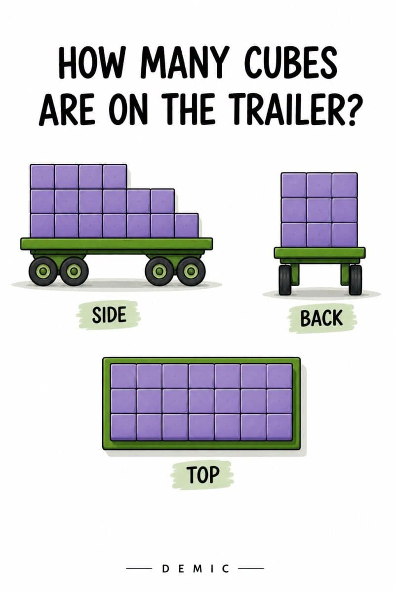Illustration eines Anhängers mit gestapelten Würfeln aus drei Perspektiven (Side, Back, Top) – Rätselbild 'How many cubes are on the trailer?'
